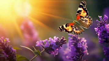 Beautiful purple lavender flowers and butterfly with bokeh effect photo