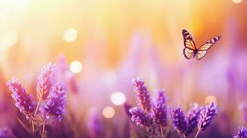 Beautiful purple lavender flowers and butterfly with bokeh effect photo