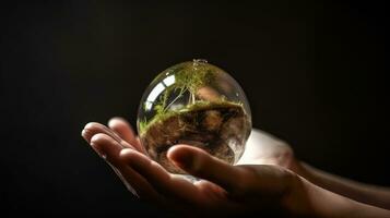 Close up of woman hands holding Earth planet with tree photo