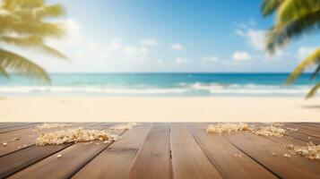 wooden table set against a backdrop of the sea, an island, and a vibrant blue sky. photo