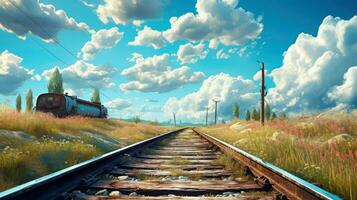 Railway in the field and blue sky with white clouds photo