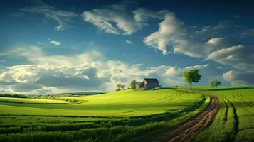 Beautiful rural landscape. Rural road in the field at sunset. photo