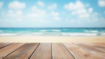 de madera mesa conjunto en contra un fondo de el mar, un isla, y un vibrante azul cielo. foto