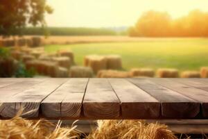 rústico de madera mesa con borroso verde naturaleza jardín antecedentes foto