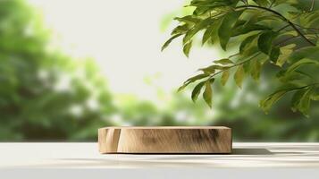 Wooden product display podium for cosmetic product with green nature garden background photo