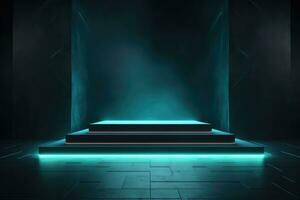 Cyberpunk Sci-Fi Product Presentation Podium with Glowing Lamp Frame in Dark - Technology Concept photo