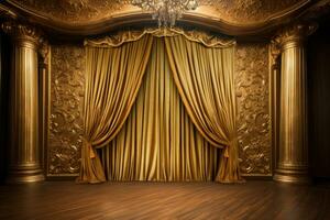 golden luxury curtain with empty floor photo