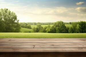 Wooden table green nature background, wooden floor for products photo