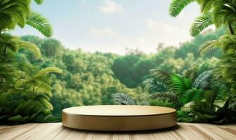 Wooden Cosmetic Product Display Podium with Lush Green Nature Garden Background, Product Podium photo