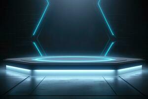 Cyberpunk Sci-Fi Product Presentation Podium with Glowing Lamp Frame in Dark - Technology Concept photo