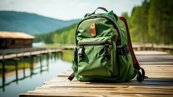 School Bag in wooden table road background photo