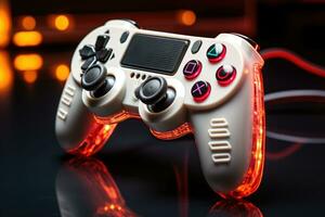 video game controller on a black background with neon lights. close up photo