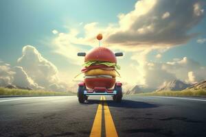 Burger delivery. Fast hamburger car. Cheeseburger as fast food car. Hamburger driving on the road. Fast food concept photo