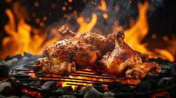 Roasted chicken legs on the grill with flames and smoke, close up photo