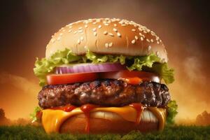 Big tasty hamburger on green grass landscape background photo