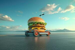 hamburguesa entrega. rápido hamburguesa coche. hamburguesa con queso como rápido comida coche. hamburguesa conducción en el la carretera. rápido comida concepto foto