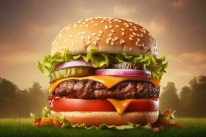 Big tasty hamburger on green grass landscape background photo