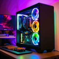 Futuristic powerful lighting computer in neon light, Neon Lights Gaming Computer photo