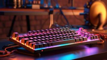 Computer gaming keyboard with neon lights on a interior gaming room background photo