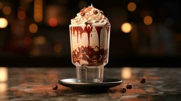 Chocolate pudding ice cream with whipped cream in a glass bowl photo