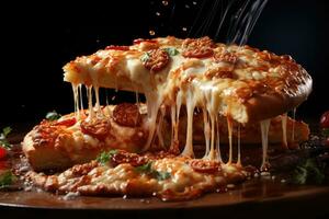 Slice of pizza falling into the air on a dark background. photo