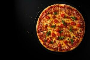 Pizza on a wooden background. Top view with copy space. photo