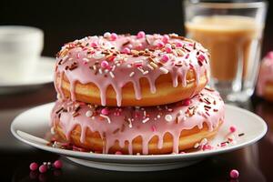Donuts with pink icing and sprinkles on a indoor background photo