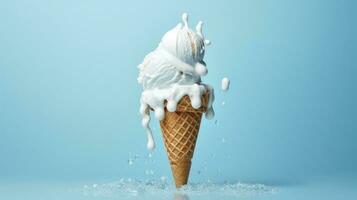 ice cream cone with chocolate and ice cream on blue background photo