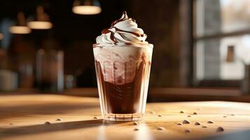 Chocolate pudding ice cream with whipped cream in a glass bowl photo