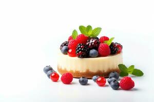 Cheesecake with fresh berries on white background photo