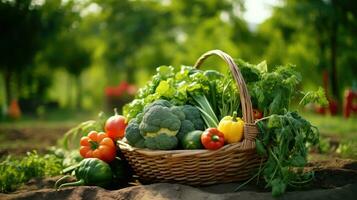 basket with fresh vegetables on wooden table in garden, closeup photo