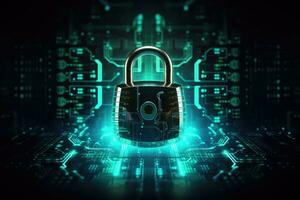 Cyber security concept with padlock on circuit board background photo