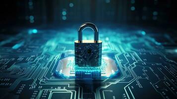 Cyber security concept with padlock on circuit board background photo