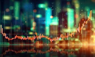 Financial stock market graph and candlestick chart on abstract background. Double exposure photo