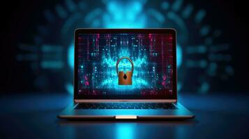 Cyber security concept. Closed padlock on laptop screen photo