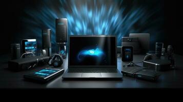 Laptop with cloud computing concept on dark background photo