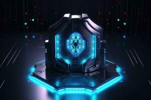 Cyber security concept. Shield padlock with keyhole on circuit board background, neon lights background photo
