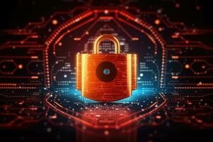 Cyber security concept. Shield padlock with keyhole on circuit board background, neon lights background photo