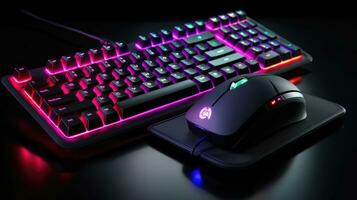 Computer keyboard with neon led lights on a dark background photo
