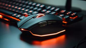 Computer keyboard with neon led lights on a dark background photo