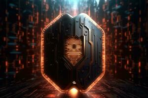 Cyber security concept. Shield padlock with keyhole on circuit board background, neon lights background photo