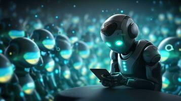 Robot using tablet pc on dark background photo