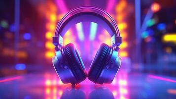 headphones on colorful background with bokeh lights photo