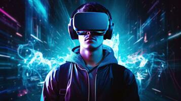 Portrait of young man wearing virtual reality headset against futuristic background photo