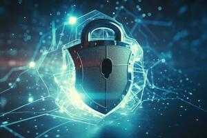 Cyber security concept. Shield padlock with keyhole on circuit board background, neon lights background photo