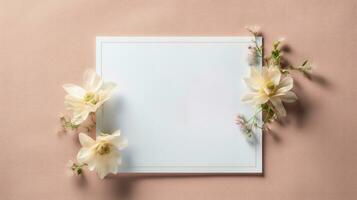 top view of blank Weeding card mockup with flowers, weeding card mockup photo