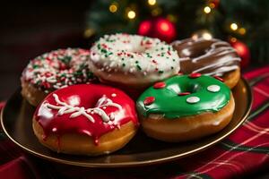 A plate of Christmas doughnuts. Generative AI. photo