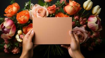 Female hands holding a blank card with a bouquet of flowers. photo