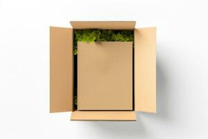 Top view of open cardboard box mockup on white background, photo