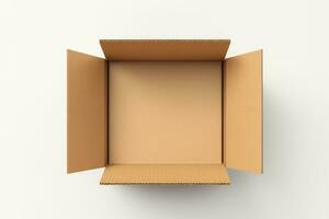 Top view of open cardboard box mockup on white background, photo